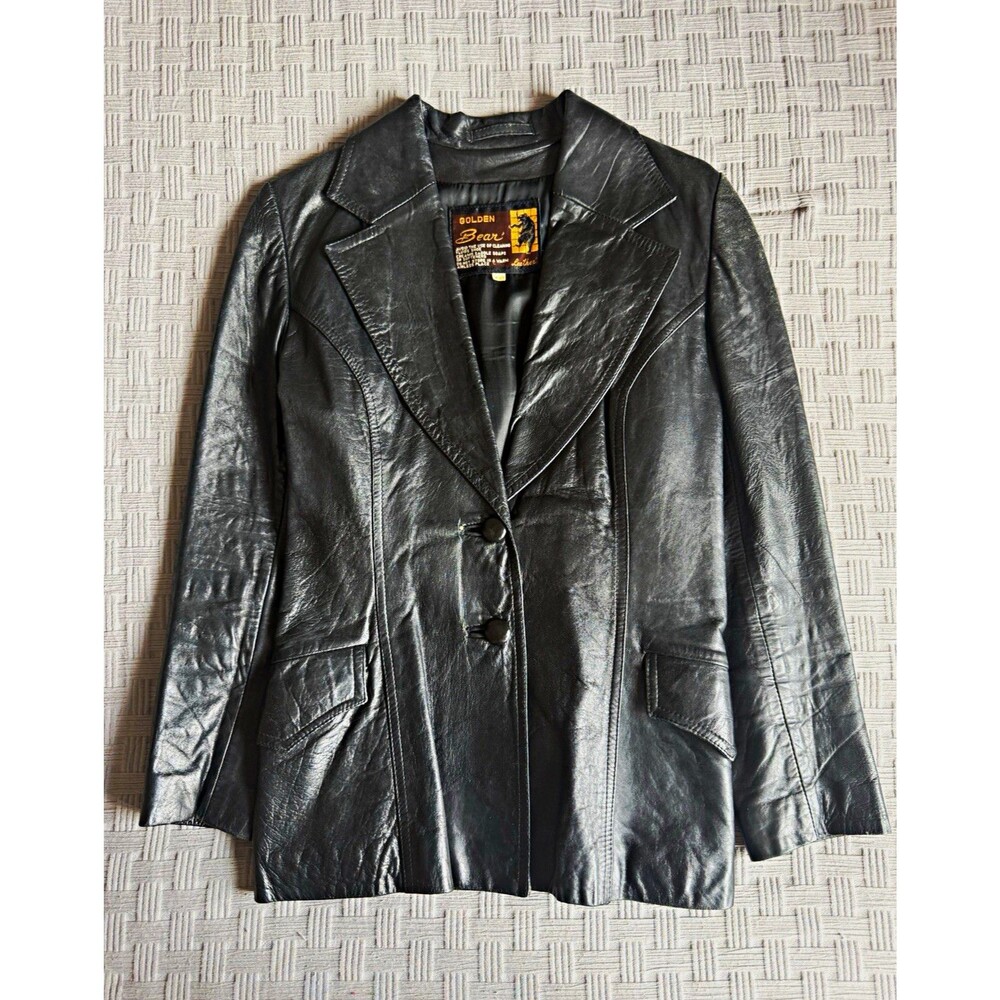 Vintage 70s 80s Golden Bear San Francisco Black Leather Blazer Jacket Women's M